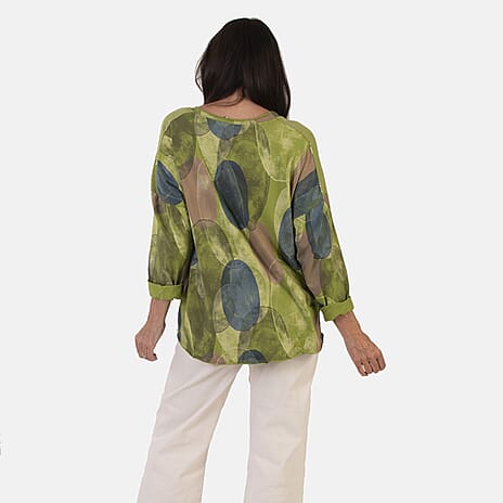 Sugar Crisp Italian Made Printed Long-Sleeved Scoop-Neck Sequined Layered Top One-Size (Fits upto Size 22) - Lime