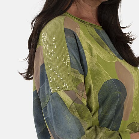 Sugar Crisp Italian Made Printed Long-Sleeved Scoop-Neck Sequined Layered Top One-Size (Fits upto Size 22) - Lime
