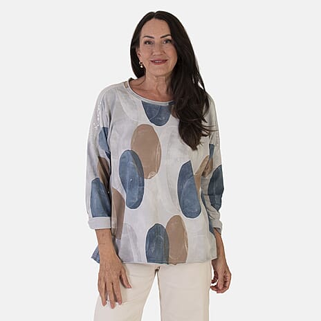 Sugar Crisp Italian Made Printed Long-Sleeved Scoop-Neck Sequined Layered Top One-Size (Fits upto Size 22) - Grey