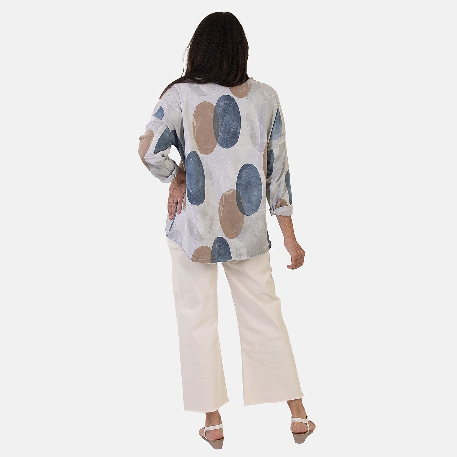 Sugar Crisp Italian Made Printed Long-Sleeved Scoop-Neck Sequined Layered Top One-Size (Fits upto Size 22) - Grey