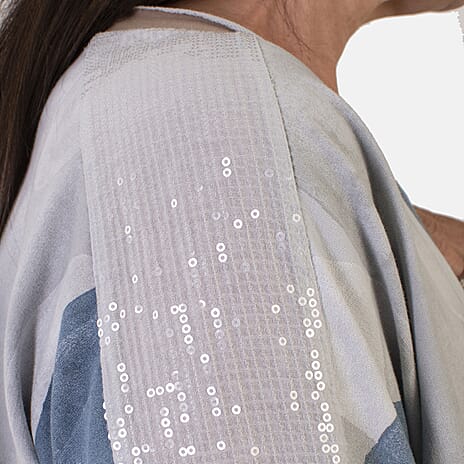 Sugar Crisp Italian Made Printed Long-Sleeved Scoop-Neck Sequined Layered Top One-Size (Fits upto Size 22) - Grey