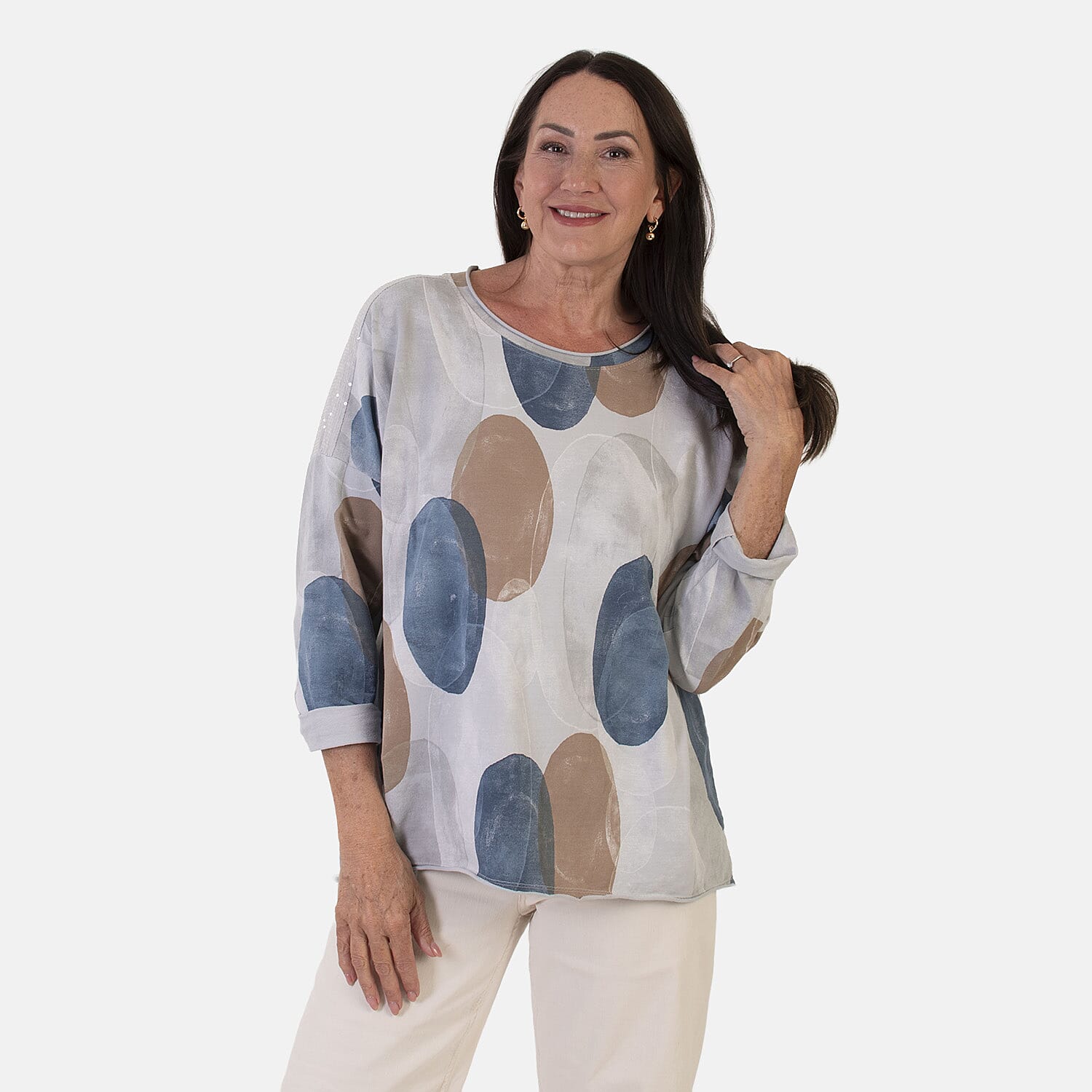 Sugar Crisp Italian Made Printed Long-Sleeved Scoop-Neck Sequined Layered Top One-Size (Fits upto Size 22) - Grey