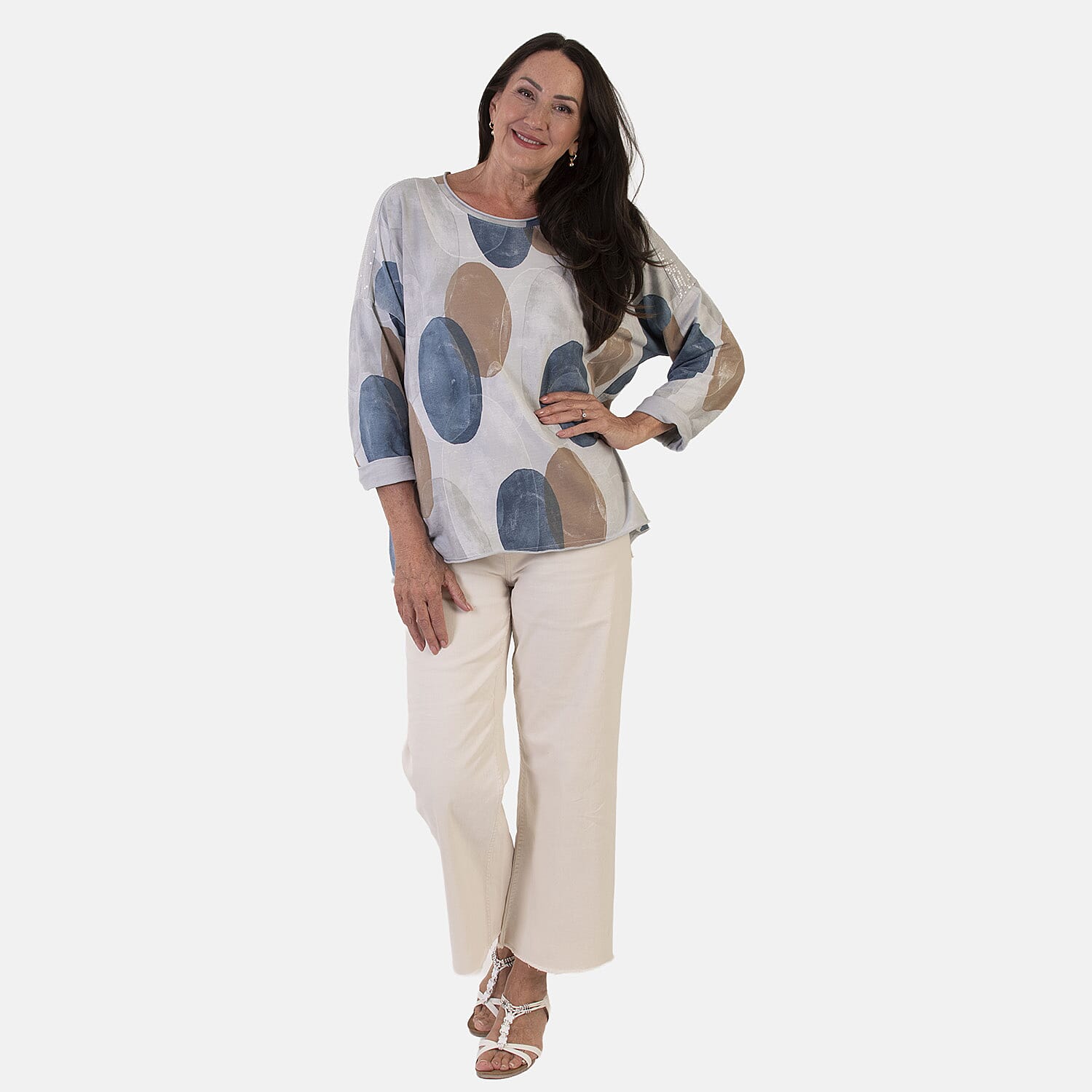 Sugar Crisp Italian Made Printed Long-Sleeved Scoop-Neck Sequined Layered Top One-Size (Fits upto Size 22) - Grey