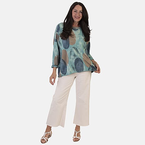 Sugar Crisp Italian Made Printed Long-Sleeved Scoop-Neck Sequined Layered Top One-Size (Fits upto Size 22) - Duck Egg