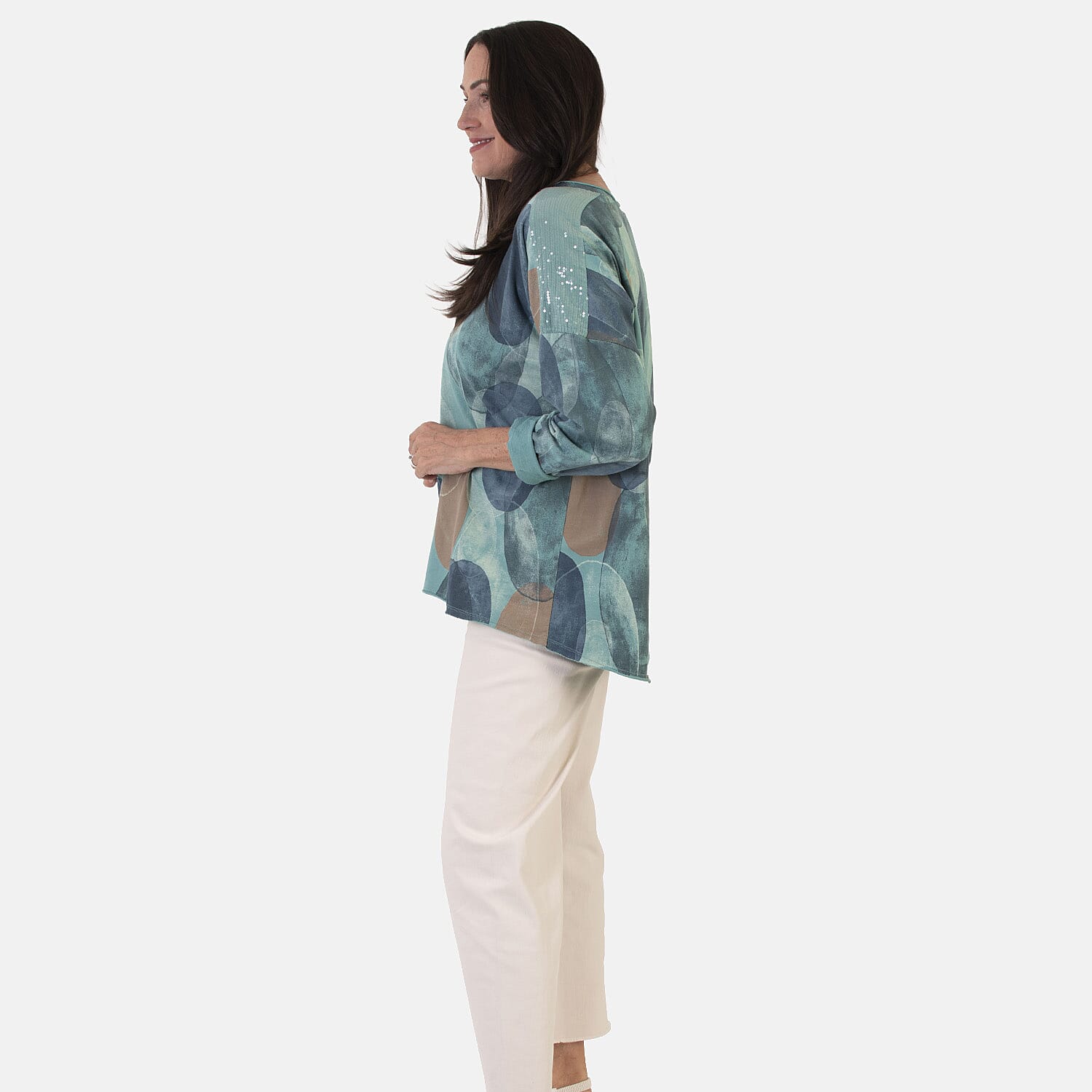 Sugar Crisp Italian Made Printed Long-Sleeved Scoop-Neck Sequined Layered Top One-Size (Fits upto Size 22) - Duck Egg