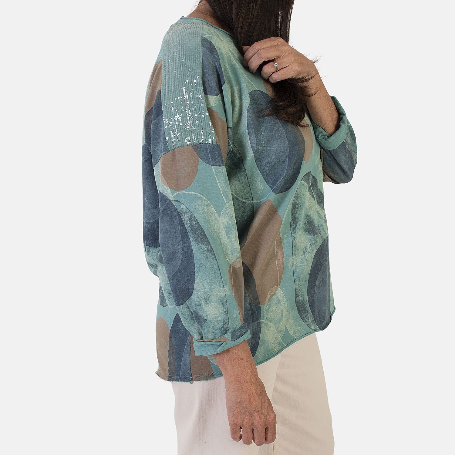 Sugar Crisp Italian Made Printed Long-Sleeved Scoop-Neck Sequined Layered Top One-Size (Fits upto Size 22) - Duck Egg
