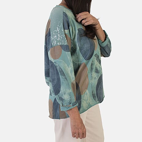 Sugar Crisp Italian Made Printed Long-Sleeved Scoop-Neck Sequined Layered Top One-Size (Fits upto Size 22) - Duck Egg