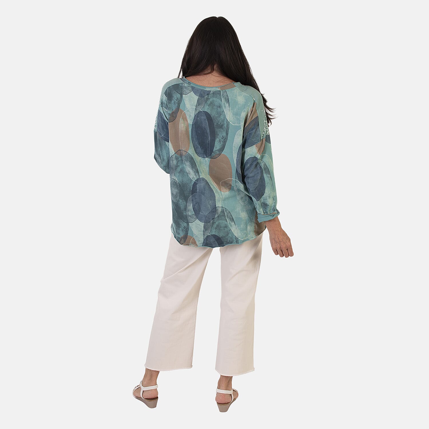 Sugar Crisp Italian Made Printed Long-Sleeved Scoop-Neck Sequined Layered Top One-Size (Fits upto Size 22) - Duck Egg