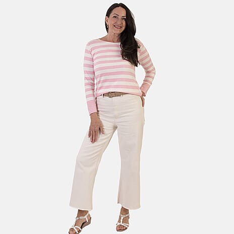 Sugar Crisp Italian Made Round-Neck Colour-Block Stripe Roll-Sleeve Top One-Size (Fits upto Size 18) - Pink