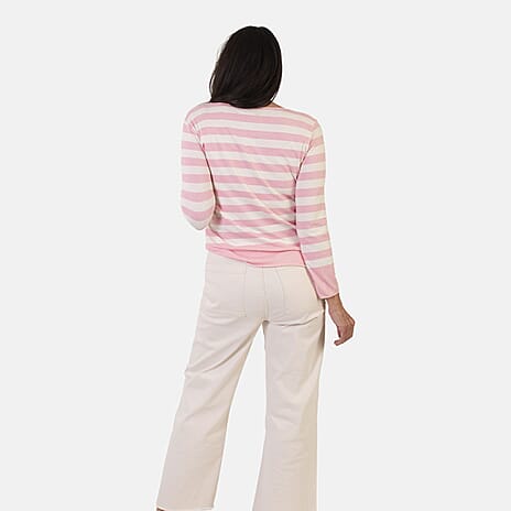 Sugar Crisp Italian Made Round-Neck Colour-Block Stripe Roll-Sleeve Top One-Size (Fits upto Size 18) - Pink
