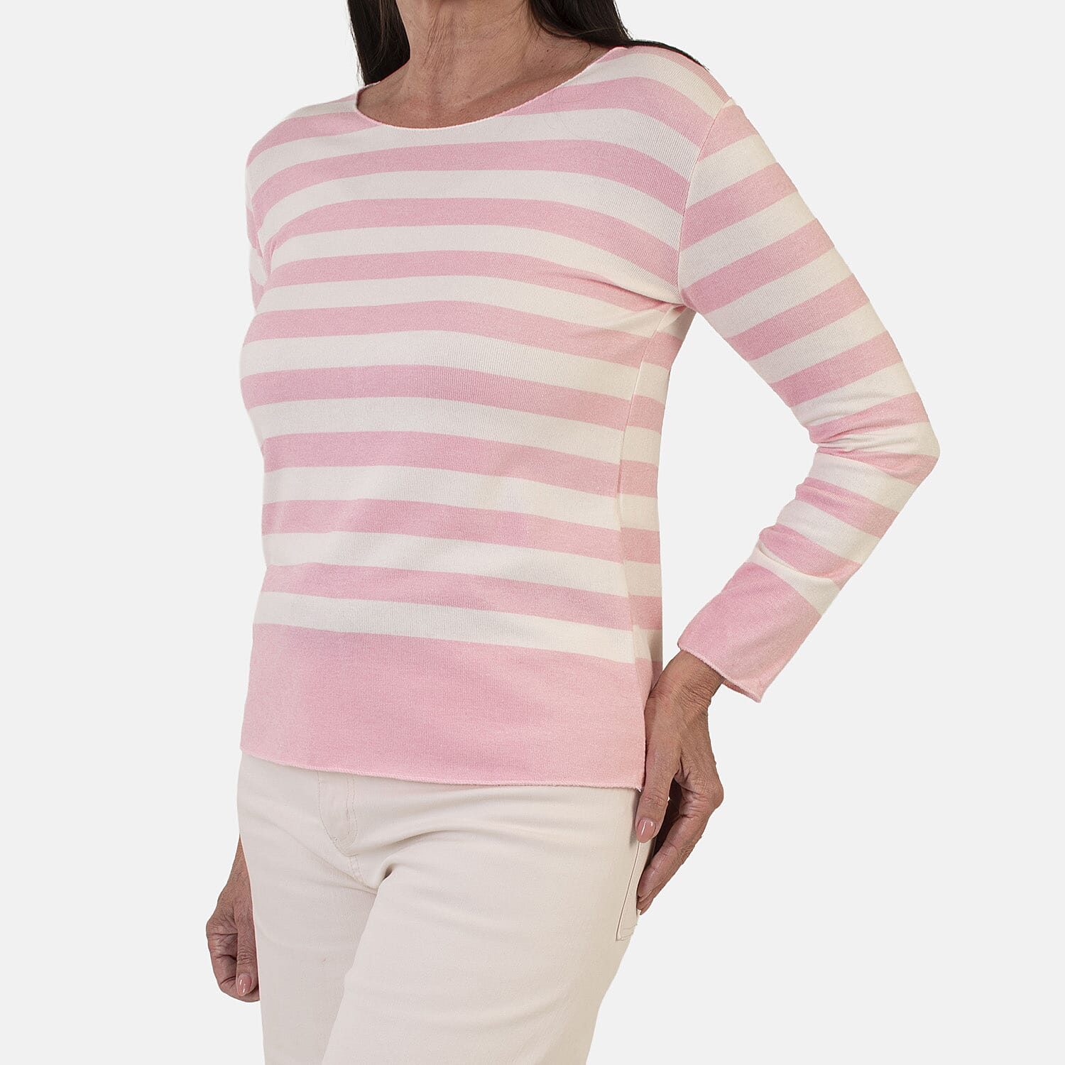Sugar Crisp Italian Made Round-Neck Colour-Block Stripe Roll-Sleeve Top One-Size (Fits upto Size 18) - Pink