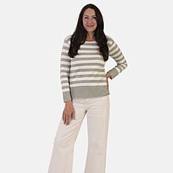 Sugar Crisp Italian Made Round-Neck Colour-Block Stripe Roll-Sleeve Top One-Size (Fits upto Size 18) - Denim