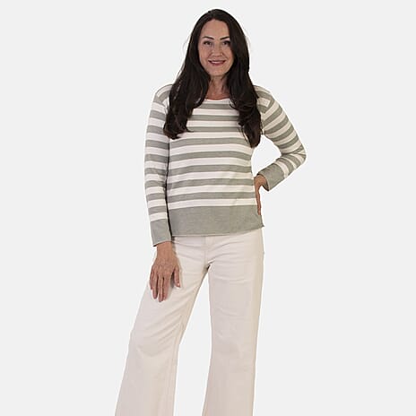 Sugar Crisp Italian Made Round-Neck Colour-Block Stripe Roll-Sleeve Top One-Size (Fits upto Size 18) - Khaki