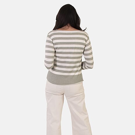 Sugar Crisp Italian Made Round-Neck Colour-Block Stripe Roll-Sleeve Top One-Size (Fits upto Size 18) - Khaki