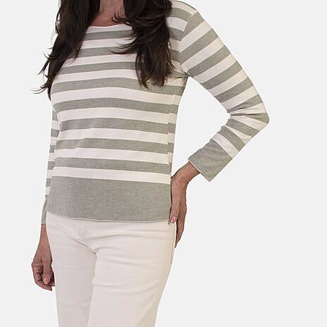 Sugar Crisp Italian Made Round-Neck Colour-Block Stripe Roll-Sleeve Top One-Size (Fits upto Size 18) - Khaki