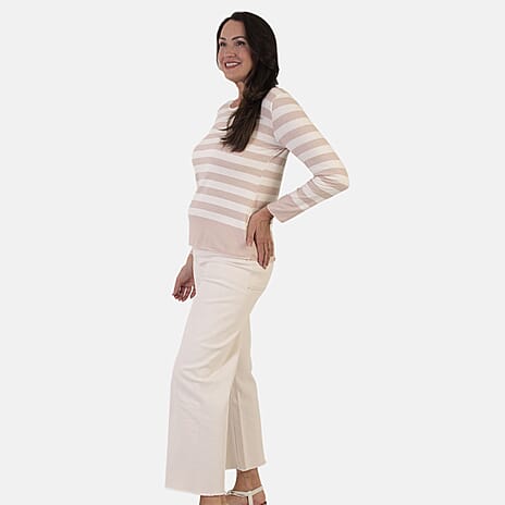 Sugar Crisp Italian Made Round-Neck Colour-Block Stripe Roll-Sleeve Top One-Size (Fits upto Size 18) - Stone