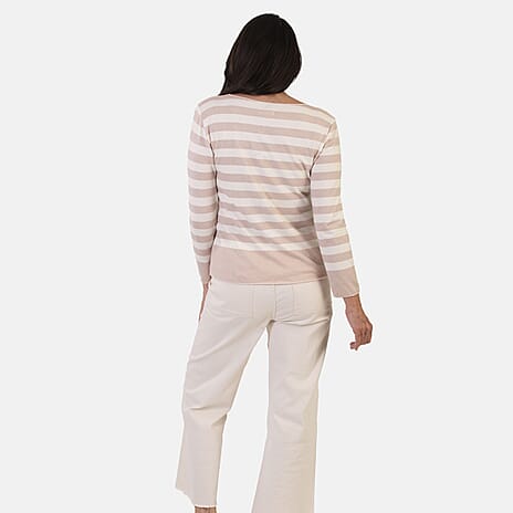 Sugar Crisp Italian Made Round-Neck Colour-Block Stripe Roll-Sleeve Top One-Size (Fits upto Size 18) - Stone