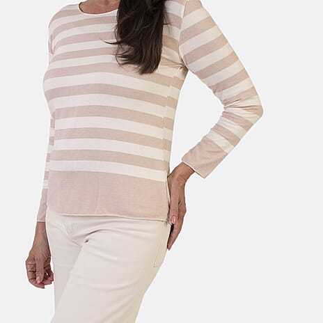 Sugar Crisp Italian Made Round-Neck Colour-Block Stripe Roll-Sleeve Top One-Size (Fits upto Size 18) - Stone