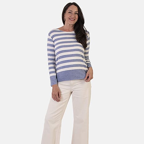 Sugar Crisp Italian Made Round-Neck Colour-Block Stripe Roll-Sleeve Top One-Size (Fits upto Size 18) - Denim