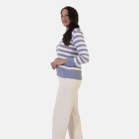 Sugar Crisp Italian Made Round-Neck Colour-Block Stripe Roll-Sleeve Top One-Size (Fits upto Size 18) - Denim