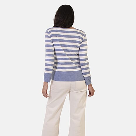 Sugar Crisp Italian Made Round-Neck Colour-Block Stripe Roll-Sleeve Top One-Size (Fits upto Size 18) - Denim