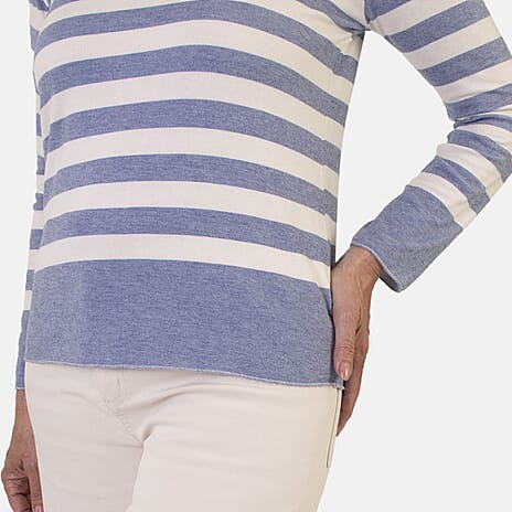 Sugar Crisp Italian Made Round-Neck Colour-Block Stripe Roll-Sleeve Top One-Size (Fits upto Size 18) - Denim