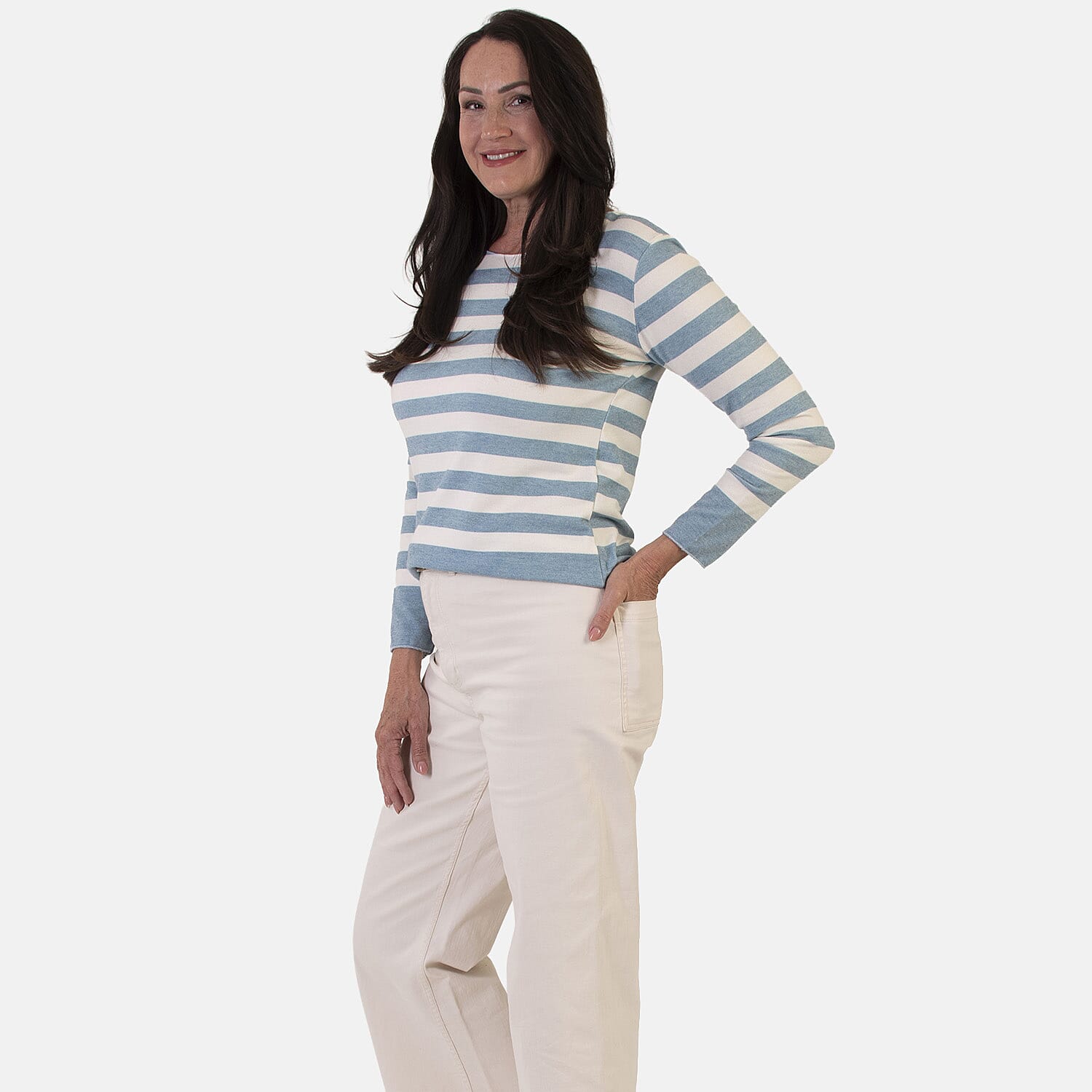 Sugar Crisp Italian Made Round-Neck Colour-Block Stripe Roll-Sleeve Top One-Size (Fits upto Size 18) - Duck Egg