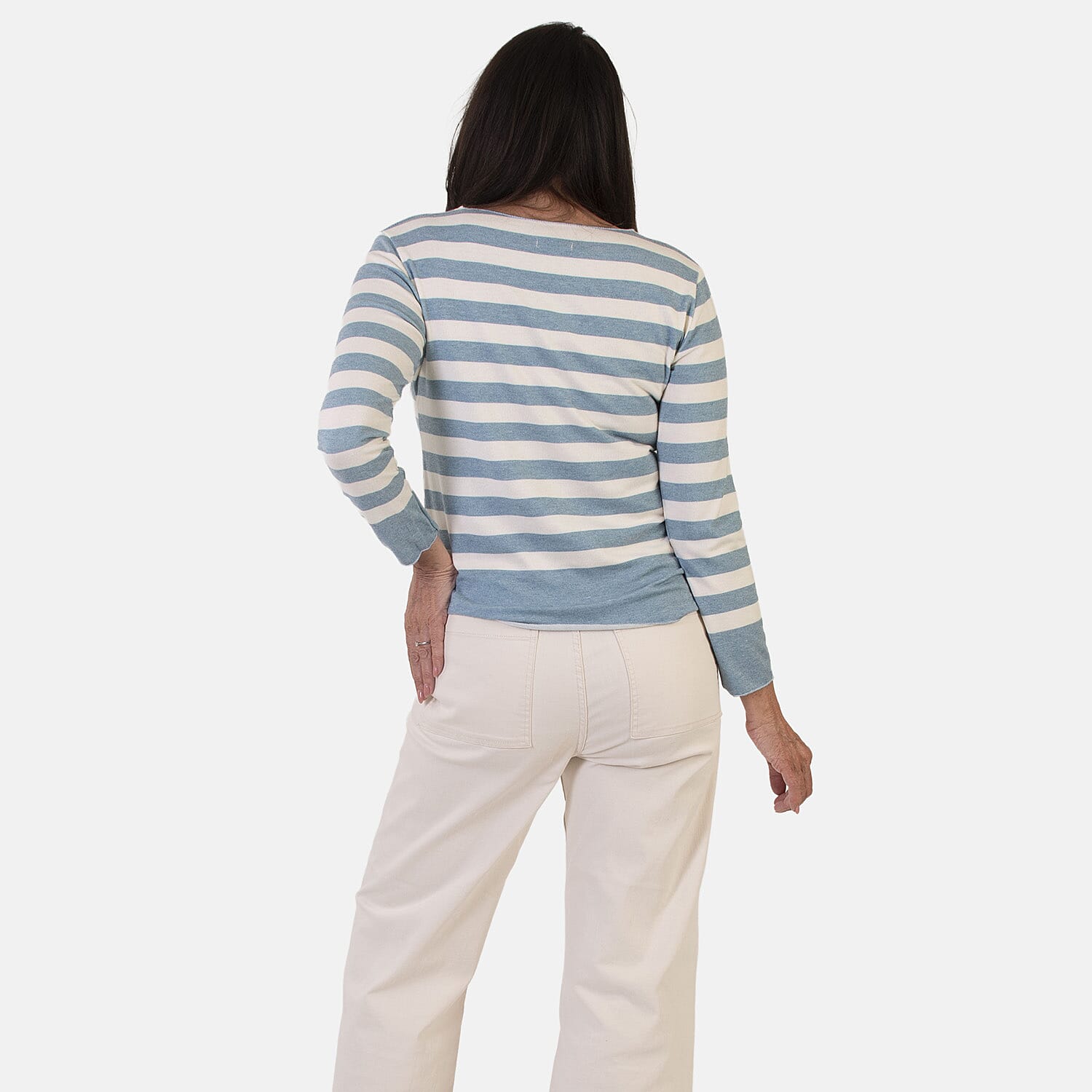 Sugar Crisp Italian Made Round-Neck Colour-Block Stripe Roll-Sleeve Top One-Size (Fits upto Size 18) - Duck Egg