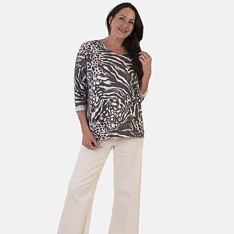 Sugar Crisp Italian Made V-Neck Abstract Print Top One-Size (Fits upto Size 22) - Black