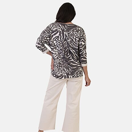 Sugar Crisp Italian Made V-Neck Abstract Print Top One-Size (Fits upto Size 22) - Black