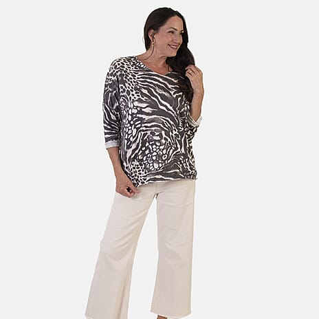 Sugar Crisp Italian Made V-Neck Abstract Print Top One-Size (Fits upto Size 22) - Black