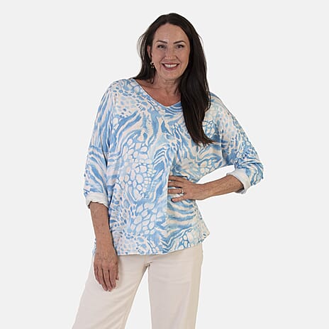 Sugar Crisp Italian Made V-Neck Abstract Print Top One-Size (Fits upto Size 18) - Blue