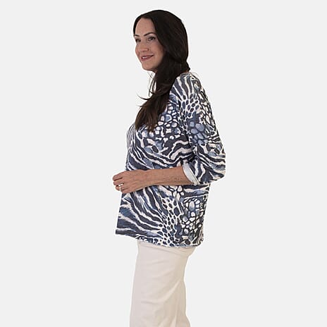 Sugar Crisp Italian Made V-Neck Abstract Print Top One-Size (Fits upto Size 18) - Navy