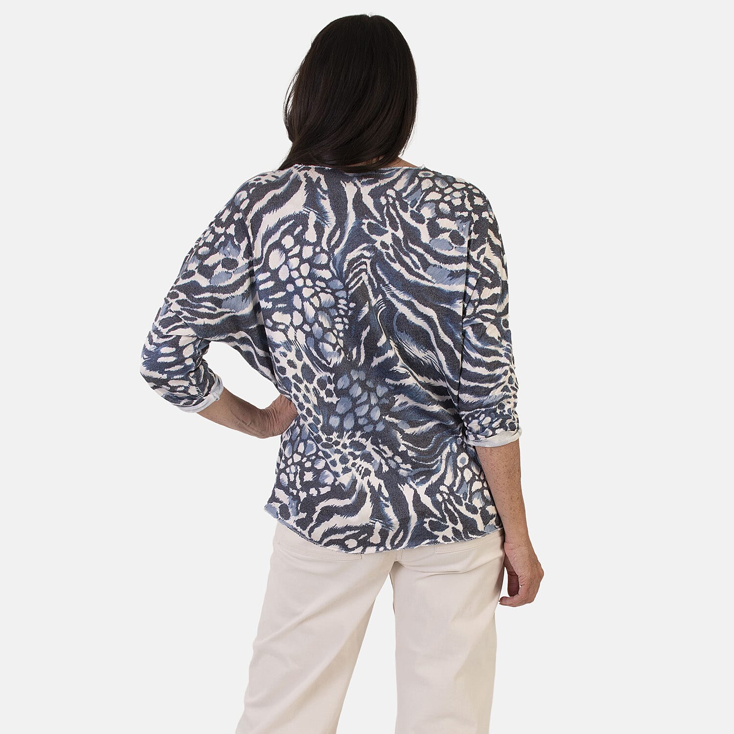 Sugar Crisp Italian Made V-Neck Abstract Print Top One-Size (Fits upto Size 18) - Navy