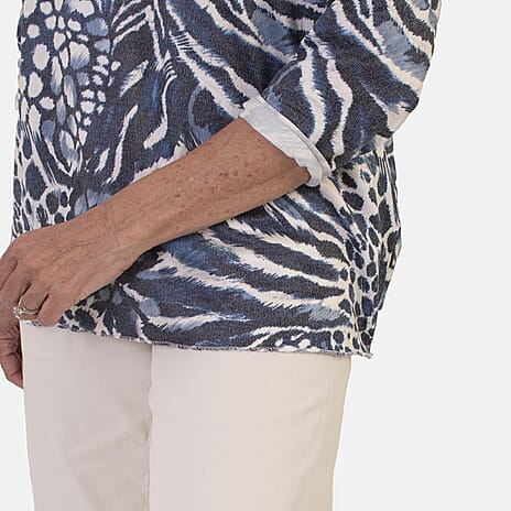 Sugar Crisp Italian Made V-Neck Abstract Print Top One-Size (Fits upto Size 18) - Navy