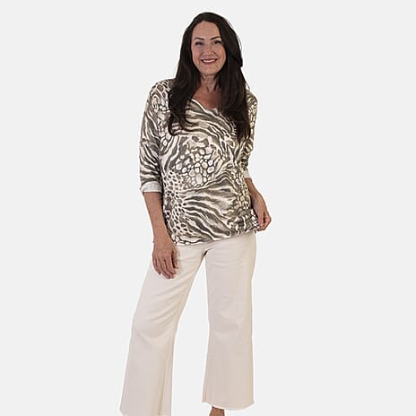 Sugar Crisp Italian Made V-Neck Abstract Print Top One-Size (Fits upto Size 22) - Khaki