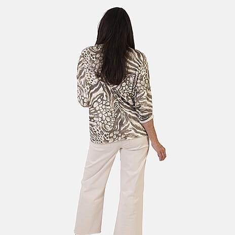 Sugar Crisp Italian Made V-Neck Abstract Print Top One-Size (Fits upto Size 22) - Khaki