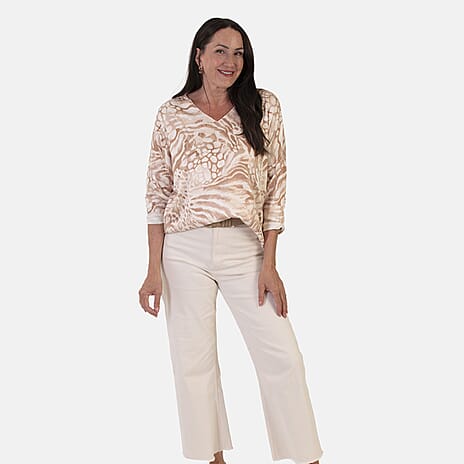 Sugar Crisp Italian Made V-Neck Abstract Print Top One-Size (Fits upto Size 22) - Stone