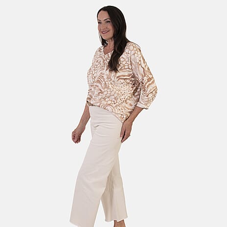 Sugar Crisp Italian Made V-Neck Abstract Print Top One-Size (Fits upto Size 22) - Stone