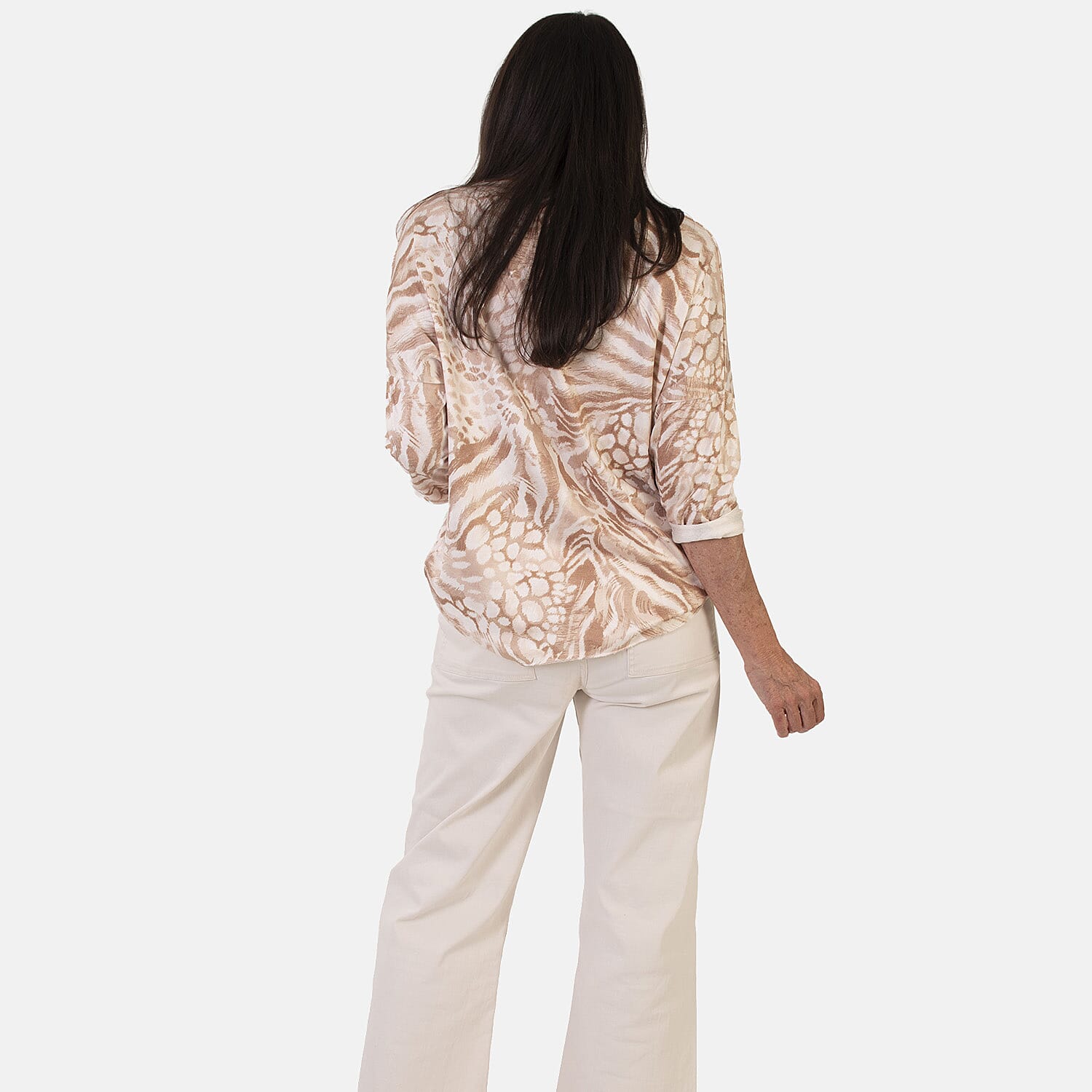 Sugar Crisp Italian Made V-Neck Abstract Print Top One-Size (Fits upto Size 22) - Stone