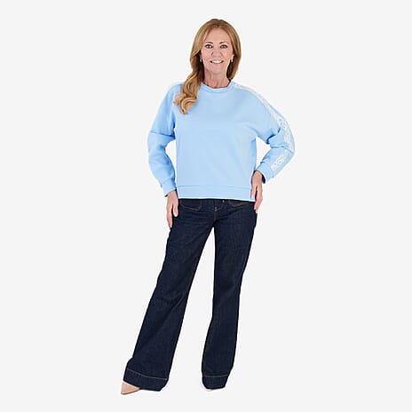 Sugar Crisp Italian Made Round Neck Contrast Lace Sleeve Casual Sweatshirt (One Size) - Blue