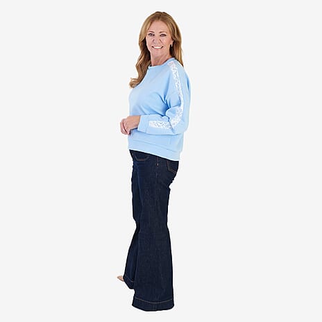 Sugar Crisp Italian Made Round Neck Contrast Lace Sleeve Casual Sweatshirt (One Size) - Blue