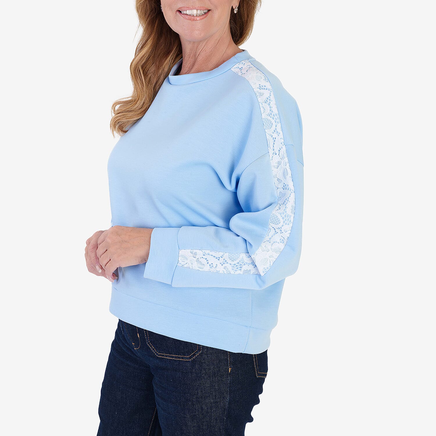 Sugar Crisp Italian Made Round Neck Contrast Lace Sleeve Casual Sweatshirt (One Size) - Blue