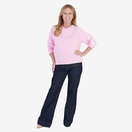 Sugar Crisp Italian Made Round Neck Contrast Lace Sleeve Casual Sweatshirt (One Size) - Pink