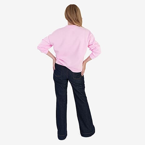 Sugar Crisp Italian Made Round Neck Contrast Lace Sleeve Casual Sweatshirt (One Size) - Pink
