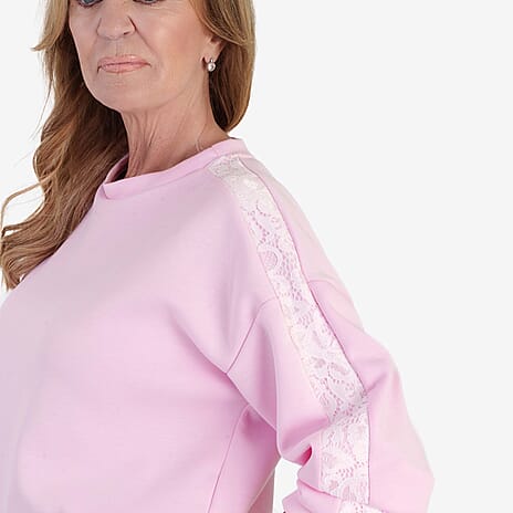 Sugar Crisp Italian Made Round Neck Contrast Lace Sleeve Casual Sweatshirt (One Size) - Pink