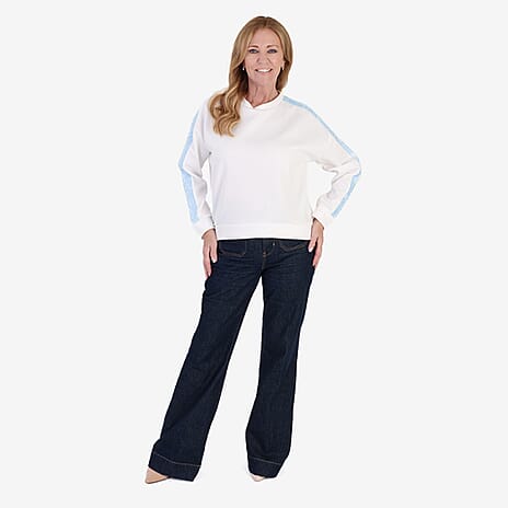 Sugar Crisp Italian Made Round Neck Contrast Lace Sleeve Casual Sweatshirt (One Size) - White