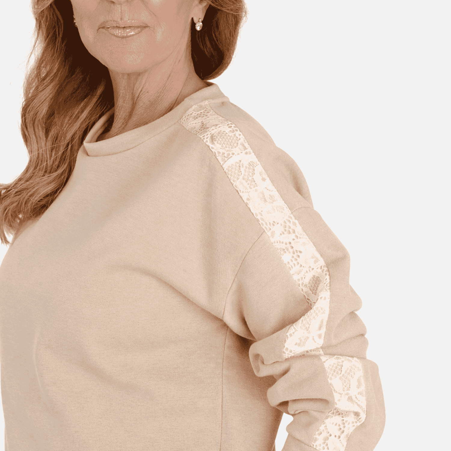 Sugar Crisp Italian Made Round Neck Contrast Lace Sleeve Casual Sweatshirt (One Size) - Beige