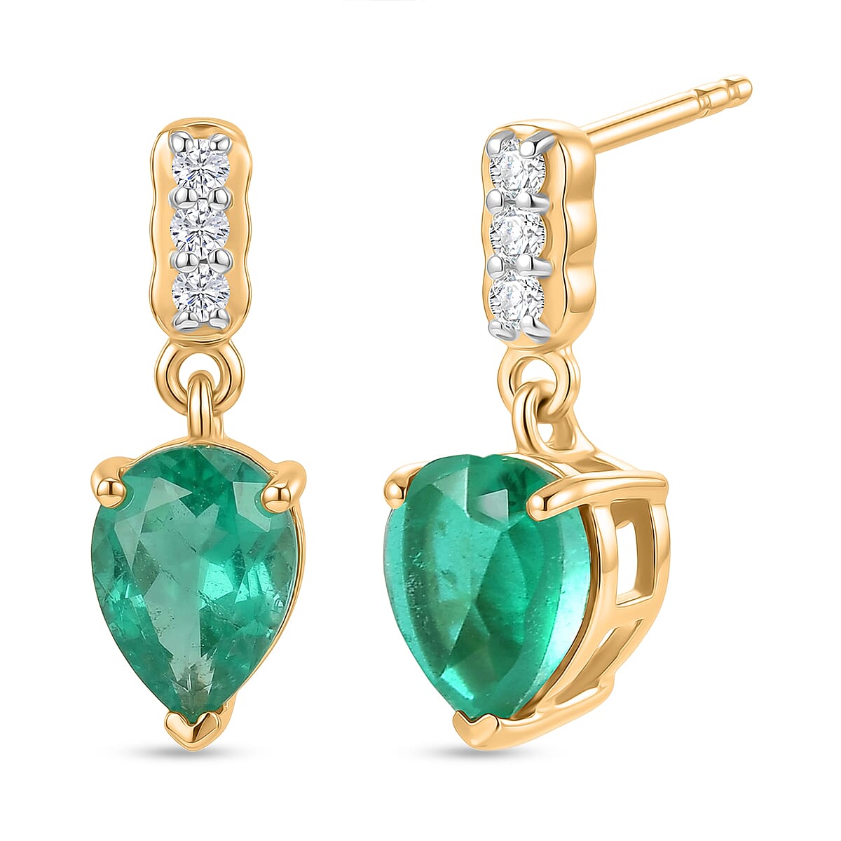D'Joy Emeraldine Triplet Quartz & White Zircon Dangling Earring with Push Post in Yellow Gold Plated Sterling Silver 2.85 Ct.