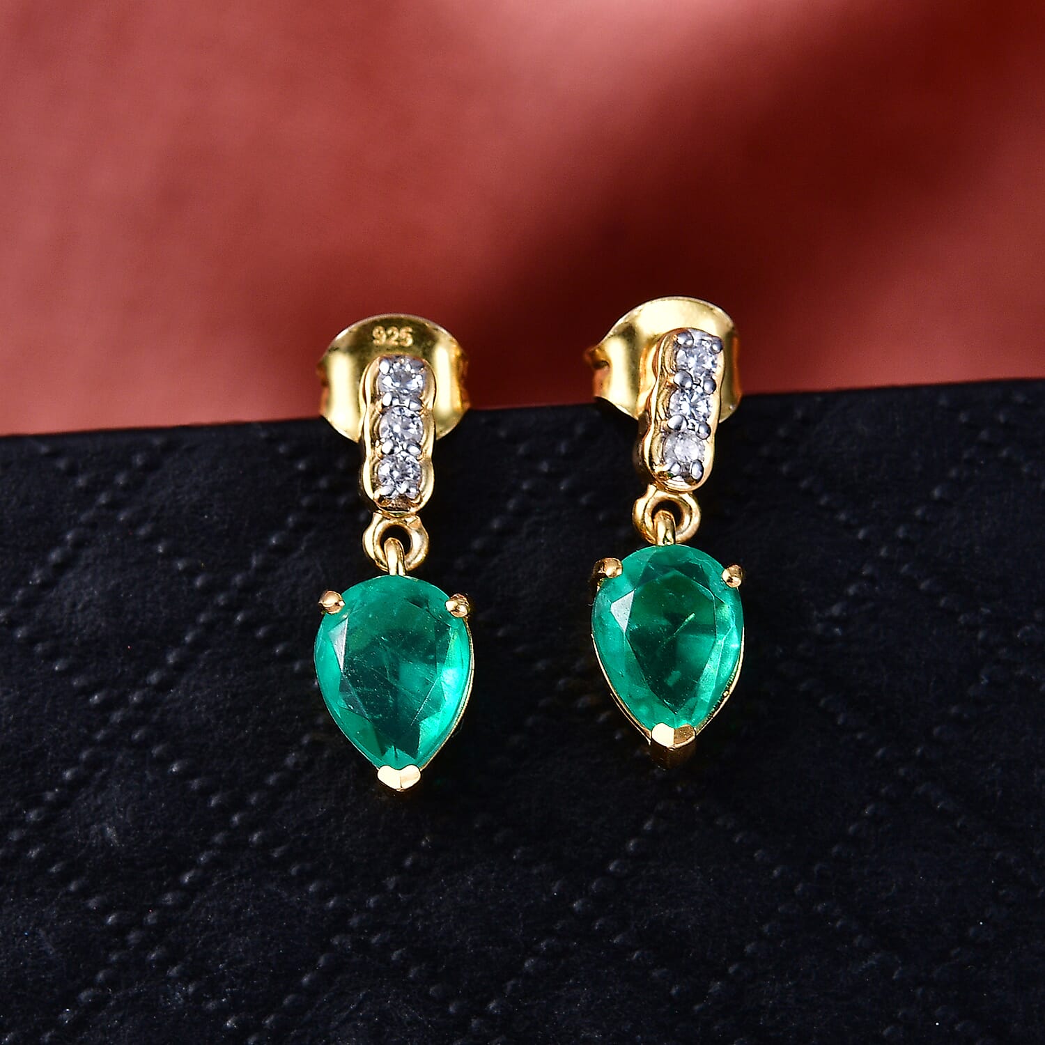 D'Joy Emeraldine Triplet Quartz & White Zircon Dangling Earring with Push Post in Yellow Gold Plated Sterling Silver 2.85 Ct.